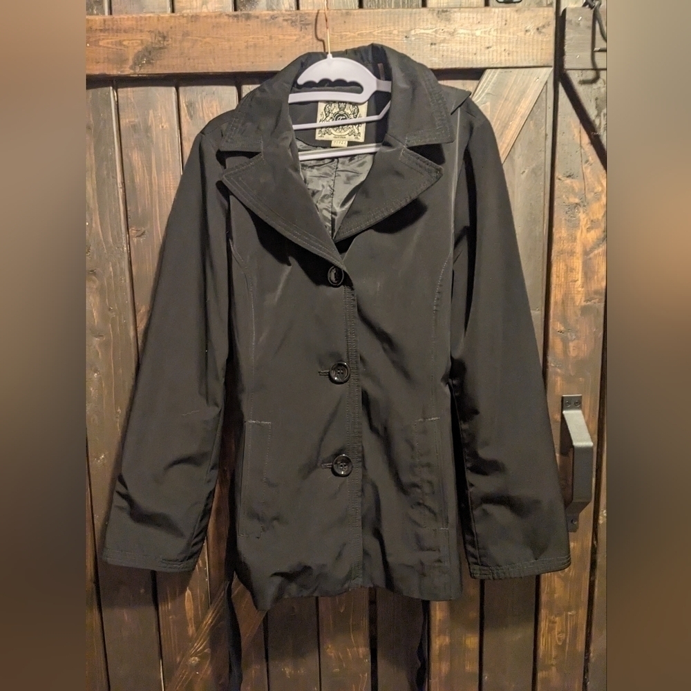 Esprit button front coat with removable hood, size L